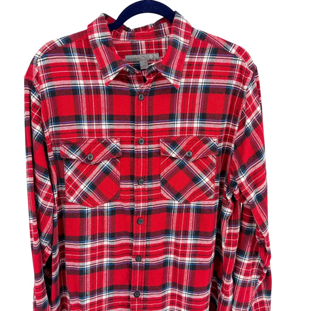 Old Navy Flannel Shirt XL Red Plaid Long Sleeve Cotton Button Down Pocket